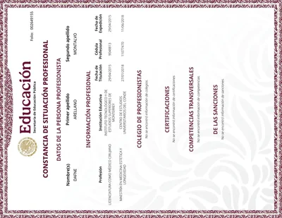 Diploma de Dra. Dafne Arellano Montalvo — Constancia de Situación Profesional SEP (Folio 002649155) — SEP · Validación oficial Tec Monterrey 29/04/2015 + Maestría 27/01/2018 · Sin sanciones — 2018
