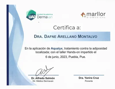 Diploma de Dra. Dafne Arellano Montalvo — Aplicación de Aqualyx Hands-on Workshop Dermavan Marllor Biomedical Puebla — 2023
