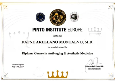 Diploma de Dra. Dafne Arellano Montalvo — Diploma Course in Anti-Aging & Aesthetic Medicine — Pinto Institute Europe · Ghent, Bélgica · EAAM + UIME — 2019