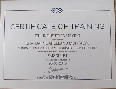 Diploma de Dra. Dafne Arellano Montalvo — Certificate of Training — EMSCULPT — BTL Industries México — 2019