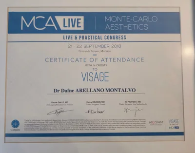 Diploma de Dra. Dafne Arellano Montalvo — MCA LIVE Monte-Carlo Aesthetics VISAGE 16 EACCME CME credits Monaco 2018