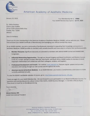 Diploma de Dra. Dafne Arellano Montalvo — Membership No. 10866 — American Academy of Aesthetic Medicine — AAAM (USA) · International President: Michel Delune, MD — 2019