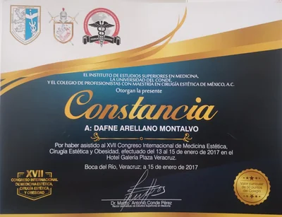 Diploma de Dra. Dafne Arellano Montalvo — Constancia — XVII Congreso Internacional Medicina Estética + Cirugía Estética + Obesidad (50 puntos) — Congreso Internacional de Medicina Estética · Veracruz — 2017